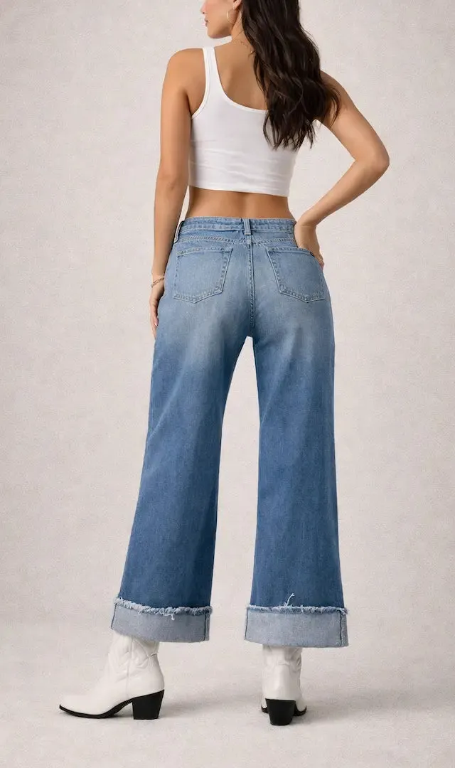 Low Rise Western Style Wide Leg Cuffed Crocodile Texture Denim Jeans