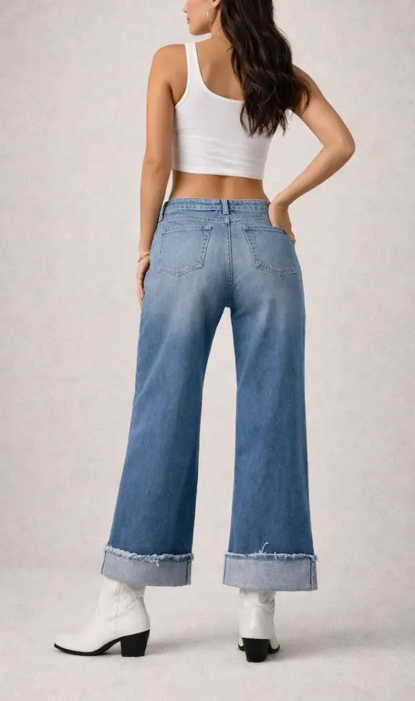 Low Rise Western Style Wide Leg Cuffed Crocodile Texture Denim Jeans