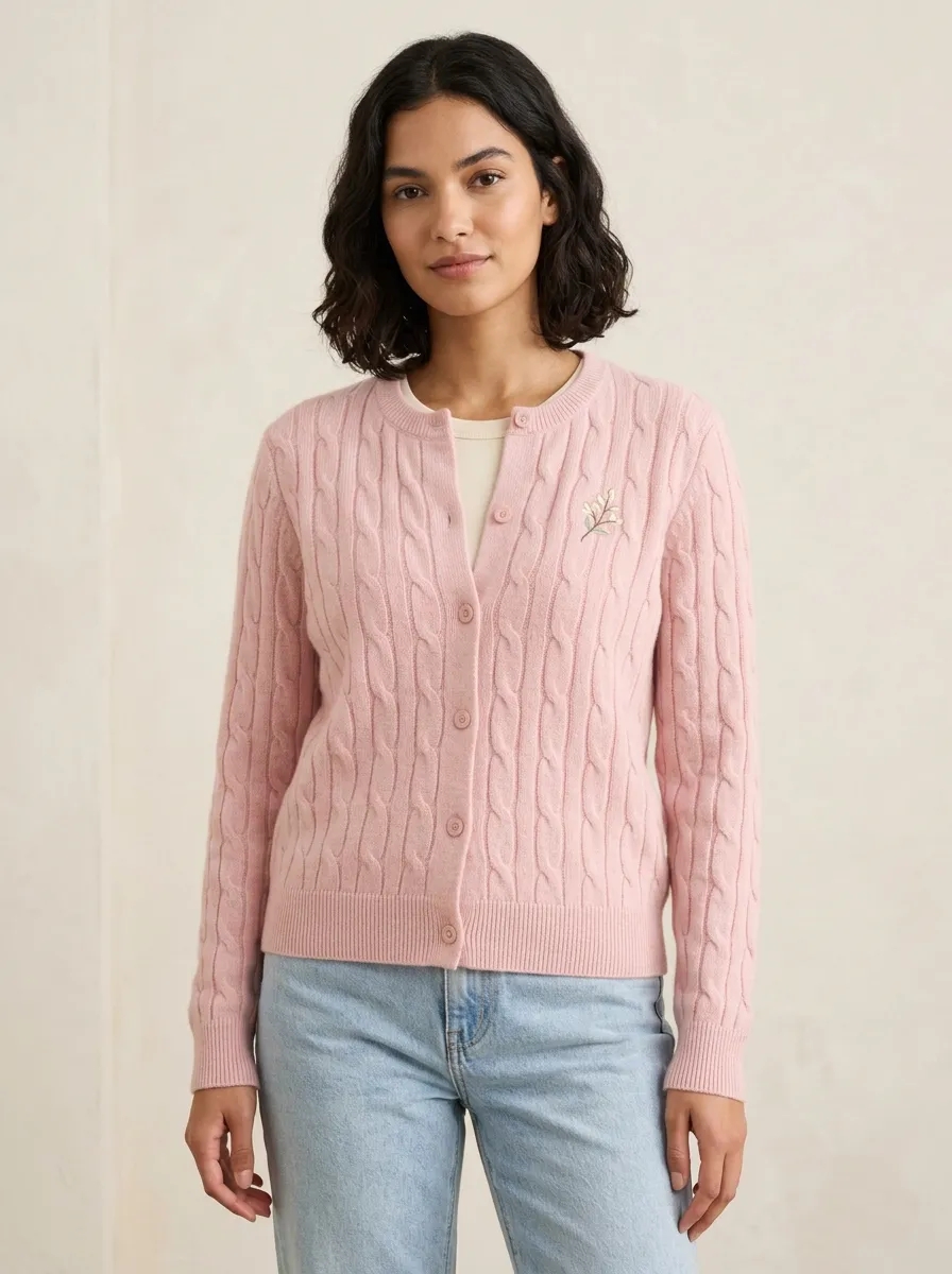 Women's Pink Floral Cable Knit Embroidered Cardigan Top