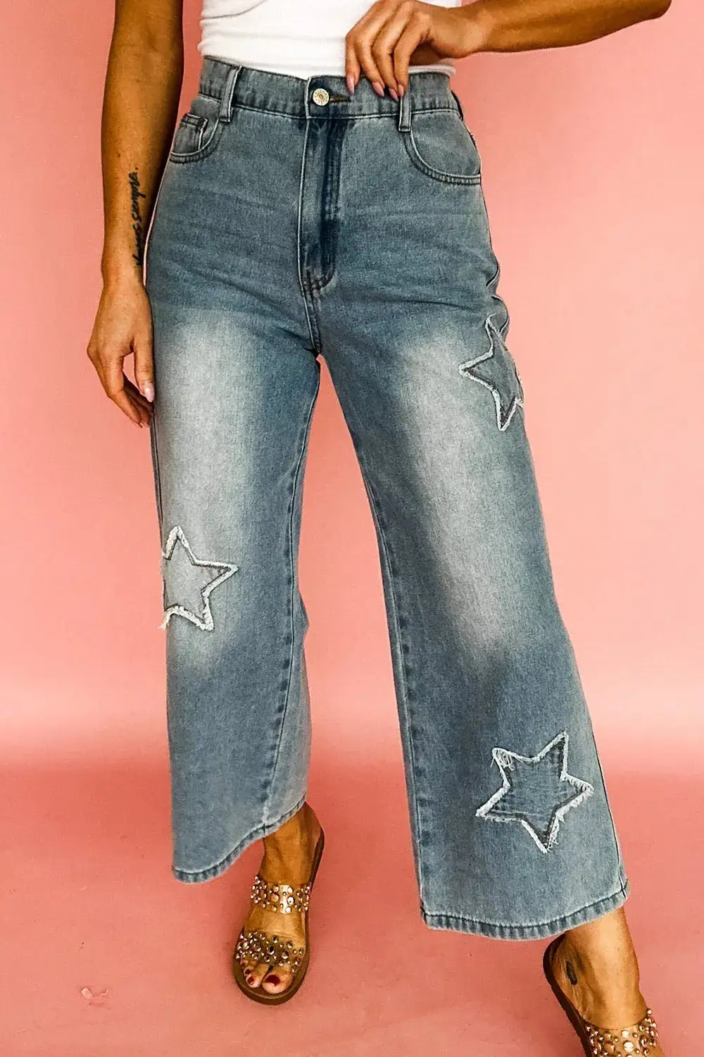 Soft High Waist Wide Leg Embroidered Denim Jeans