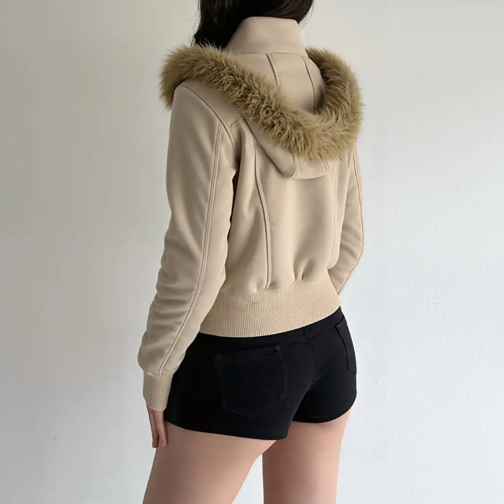 Cropped Faux Fur Hooded Stand Collar Bomber Jacket