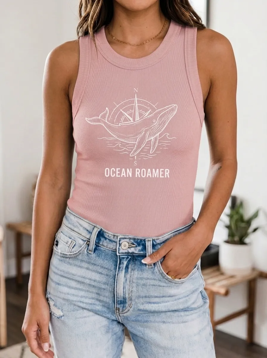 Women's Ocean Lover Compass Whale Printed Ribbed Tank Top