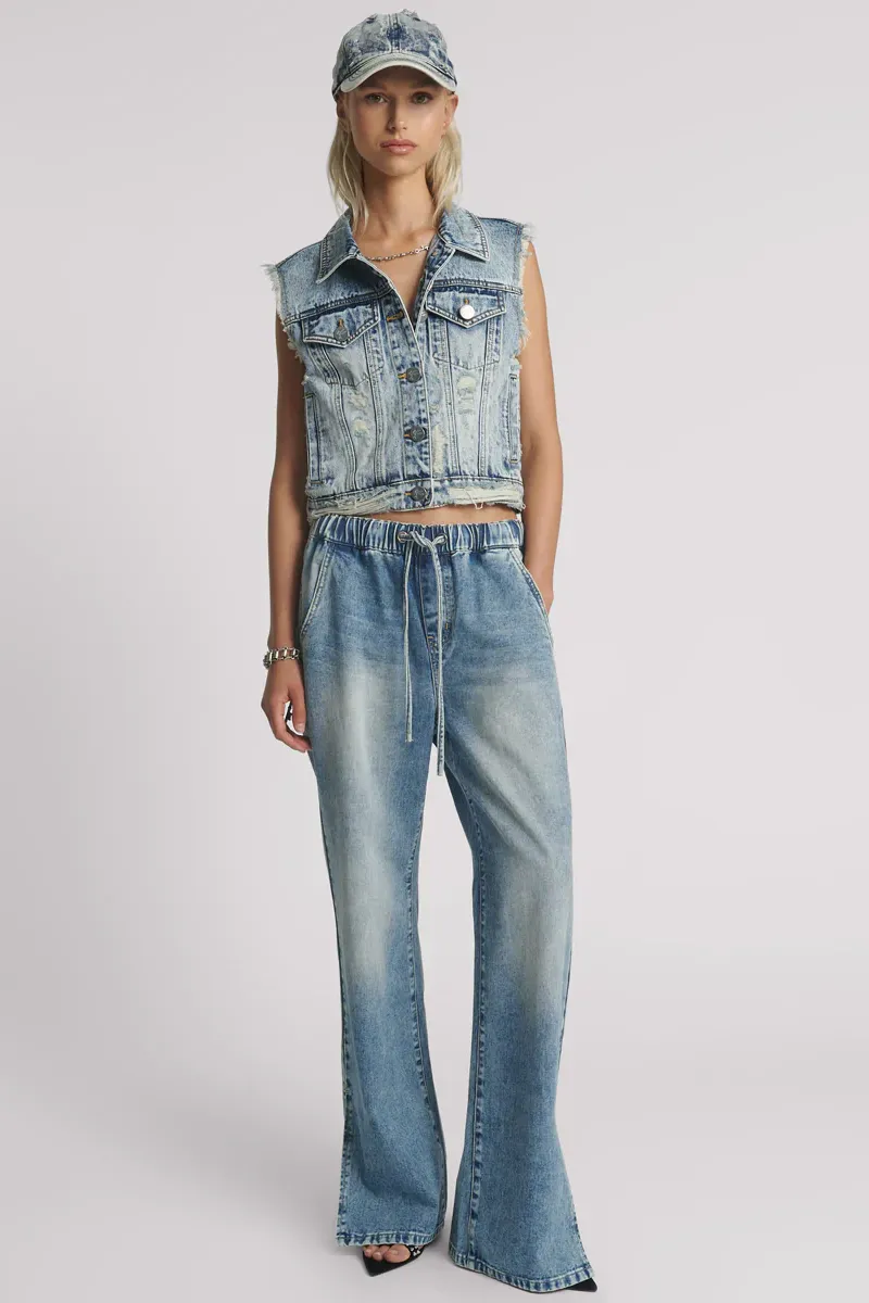 Wide Leg Drawstring Denim Jeans In Sunset