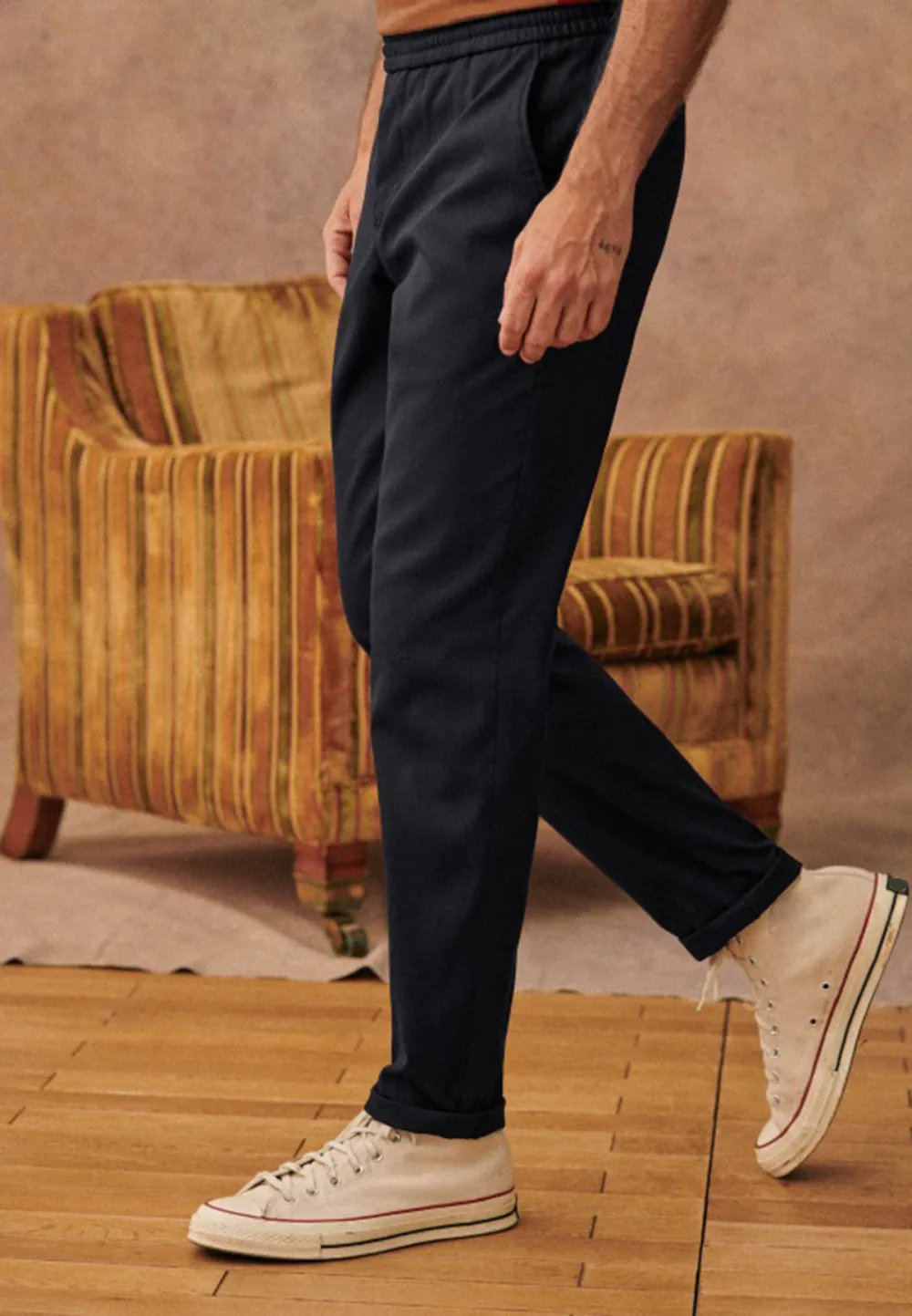 Olive Green Cotton Linen Blend Casual Trousers