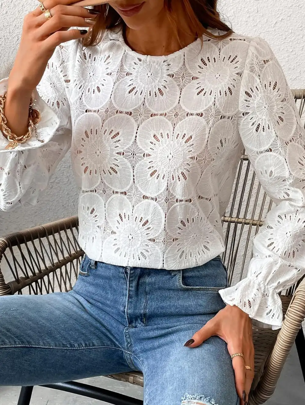 Openwork Lace Long Sleeve Blouse
