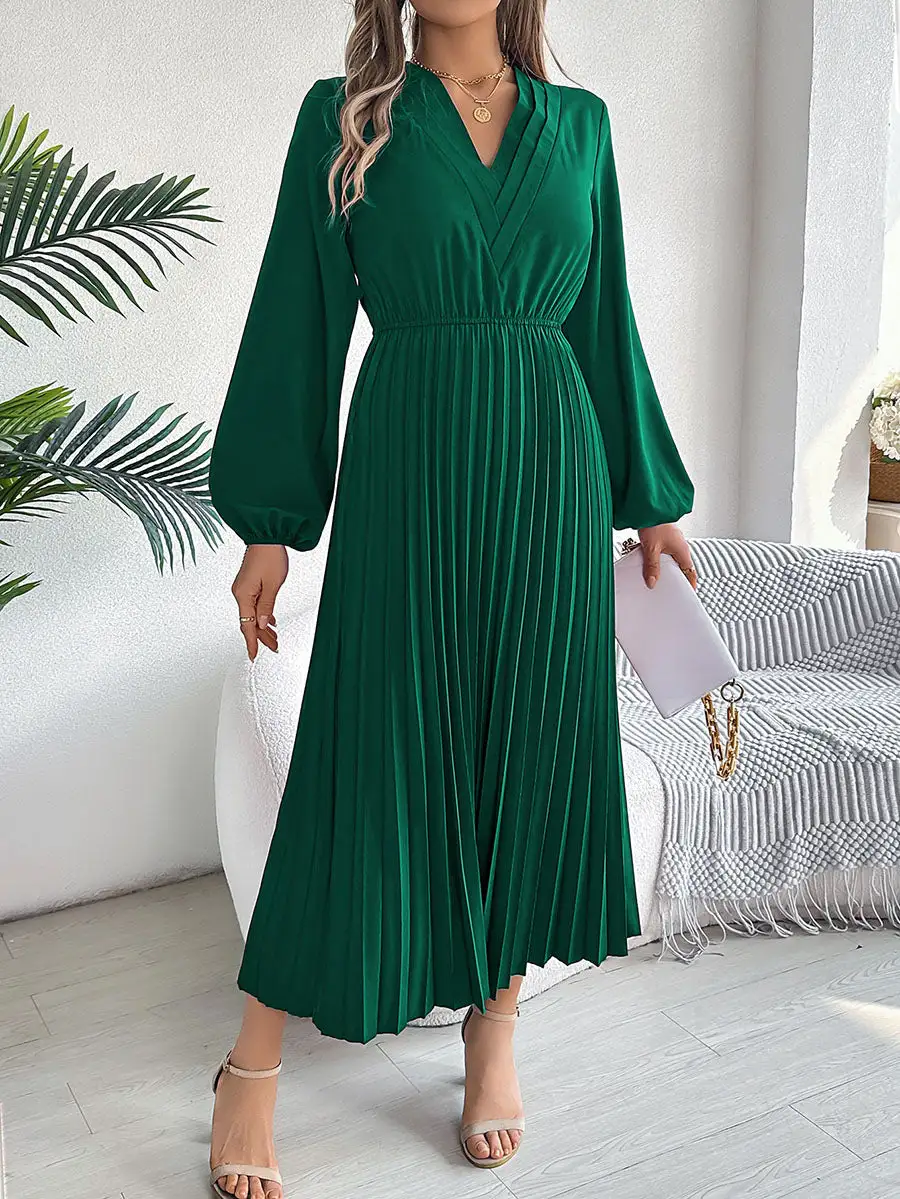 Elasticity Pleated Neck Maxi Dress