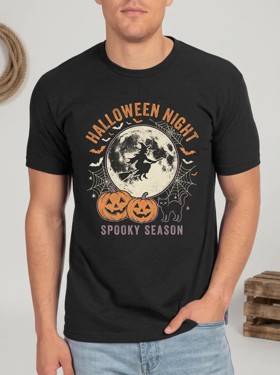 Men's Halloween Night Witch Pumpkin Cat Printed T-shirt
