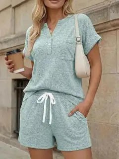 Polished Drawstring Pocketed Top and Shorts Matching Set
