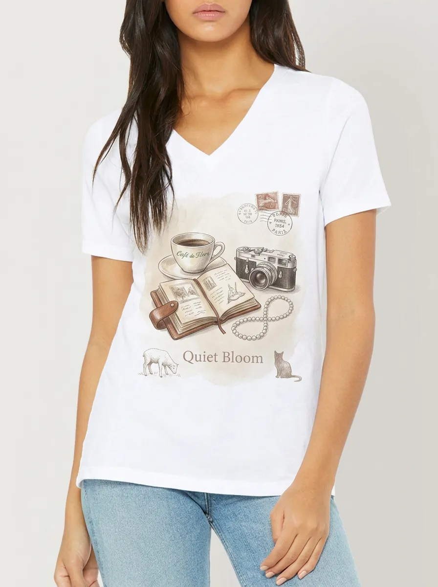 Women's Vintage Travel Book Coffee Camera Printed V-neck T-shirt