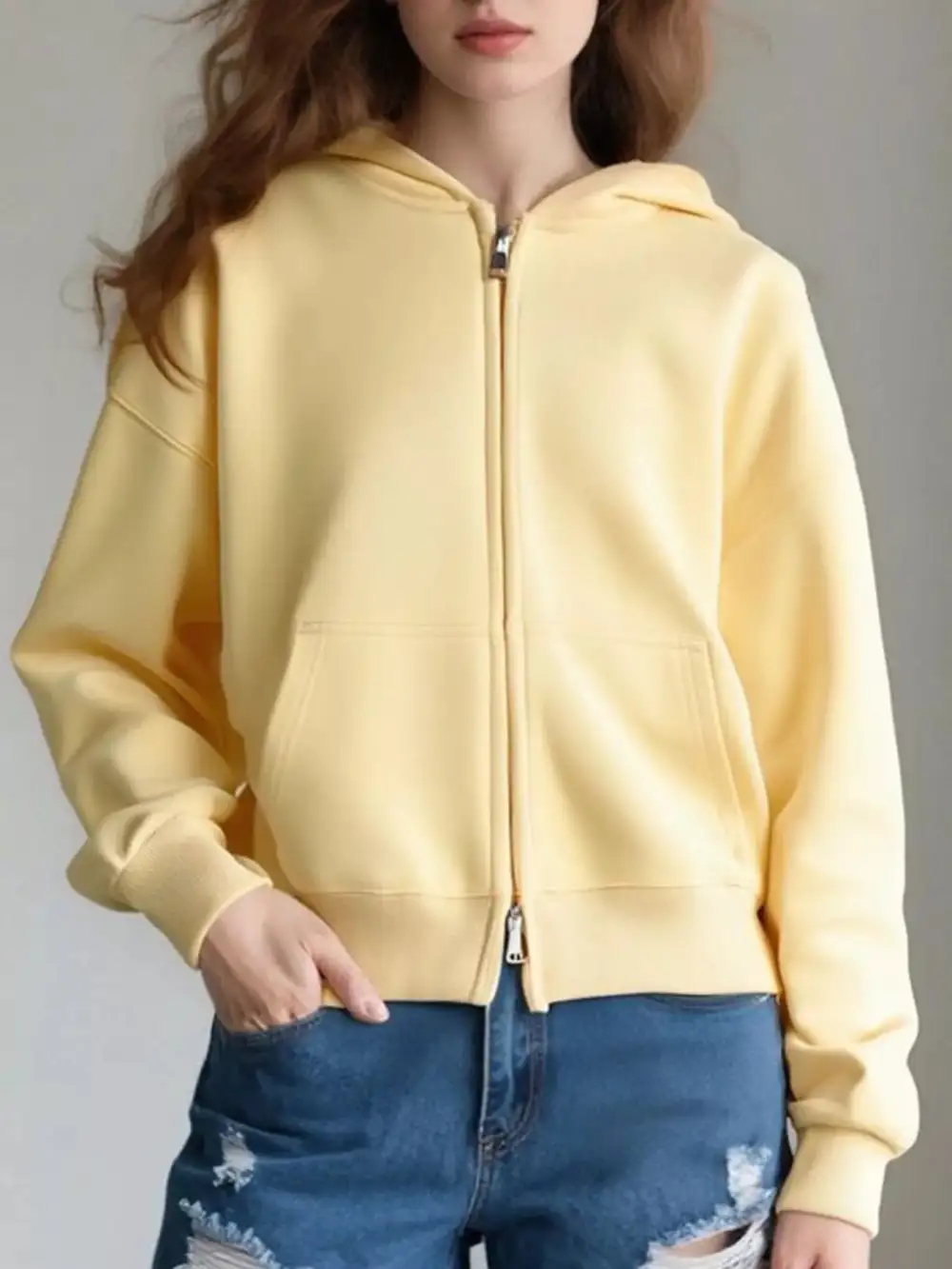 Zip-Detail Pocketed Long-Sleeve Hoodie