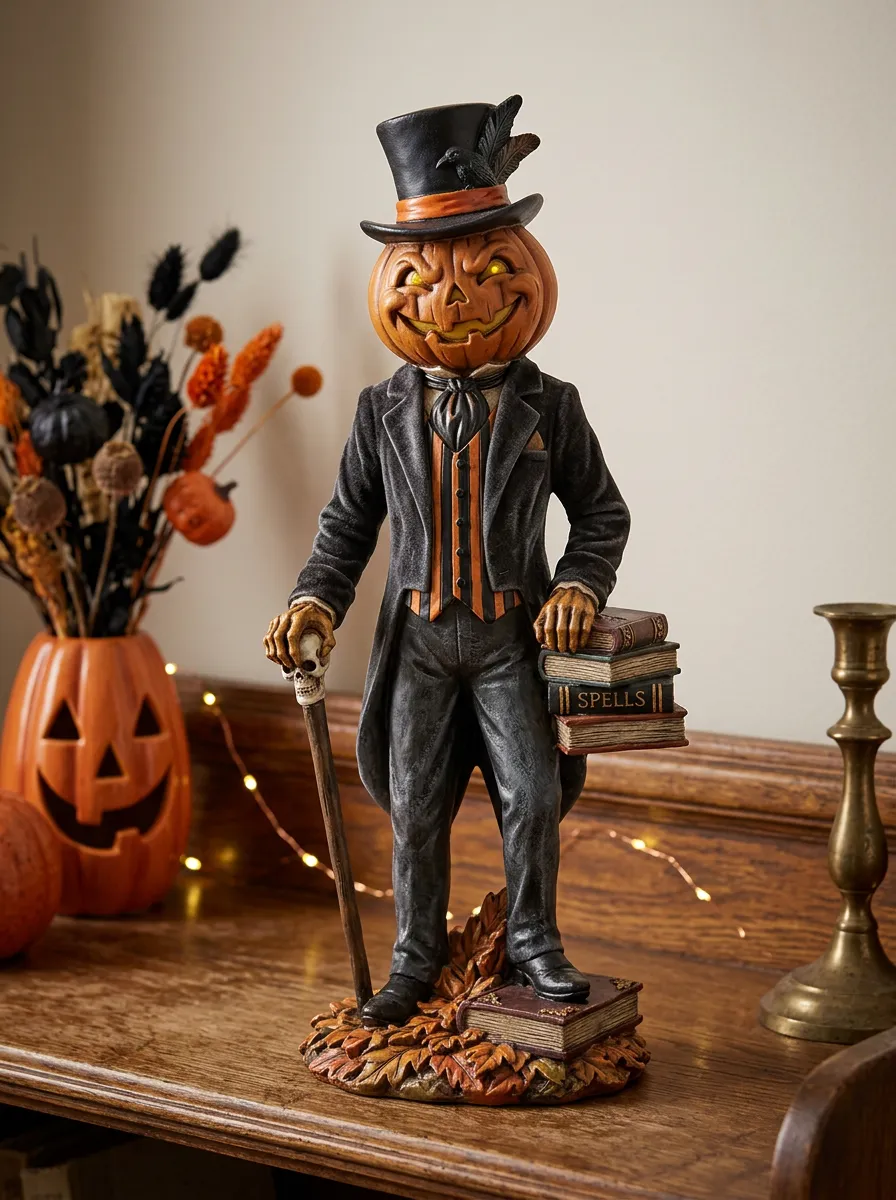 Halloween Pumpkin Head Gentleman Skull Cane Figurine