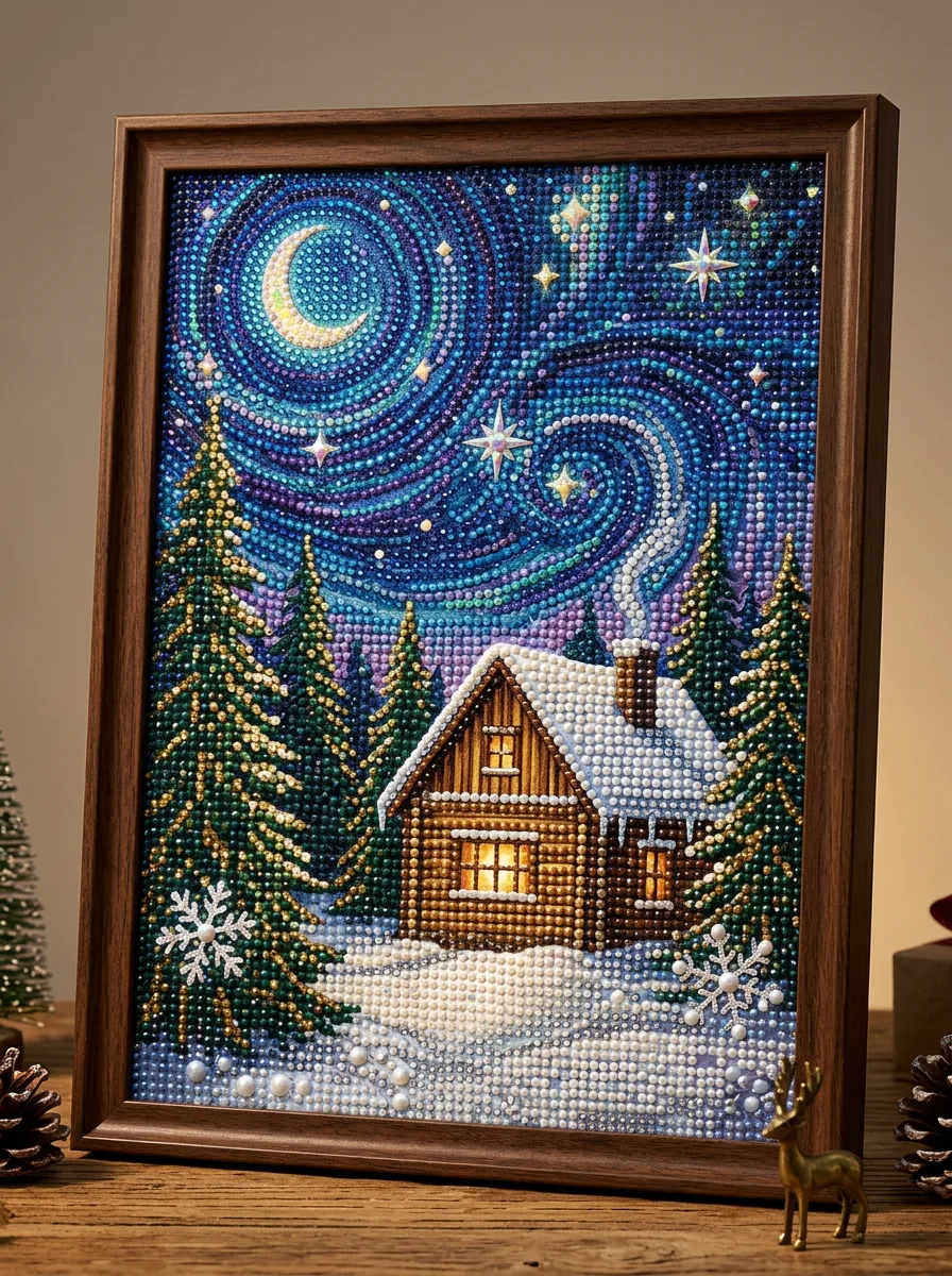 Starry Night Snowy Cabin Christmas DIY Diamond Painting Kit