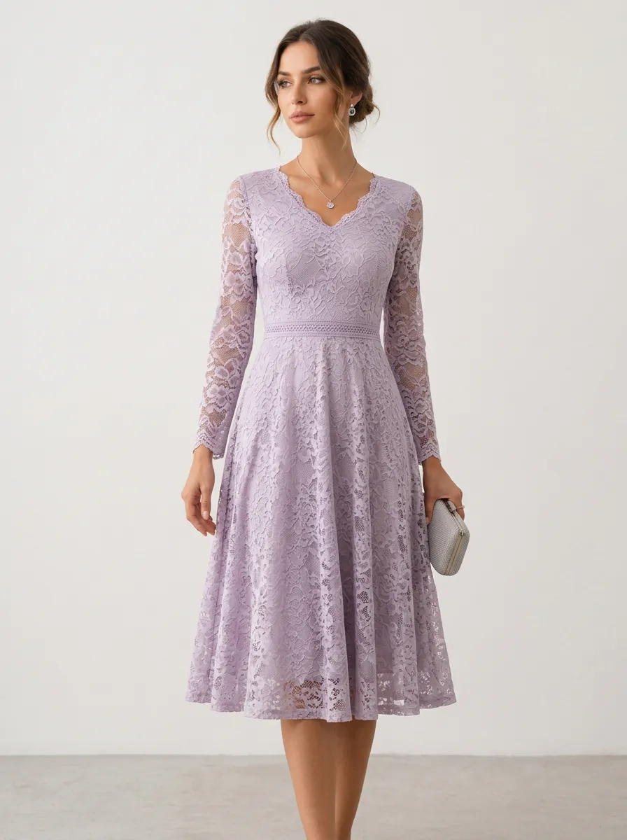 Women's Elegant Lavender Floral Lace Long Sleeve Midi Dress