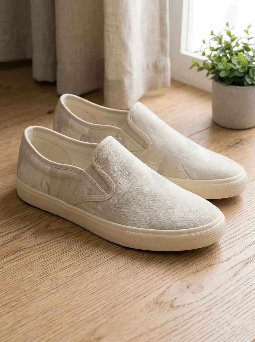 Men's Minimalist Abstract Grey Brushstroke Printed Canvas Slip-on Shoes