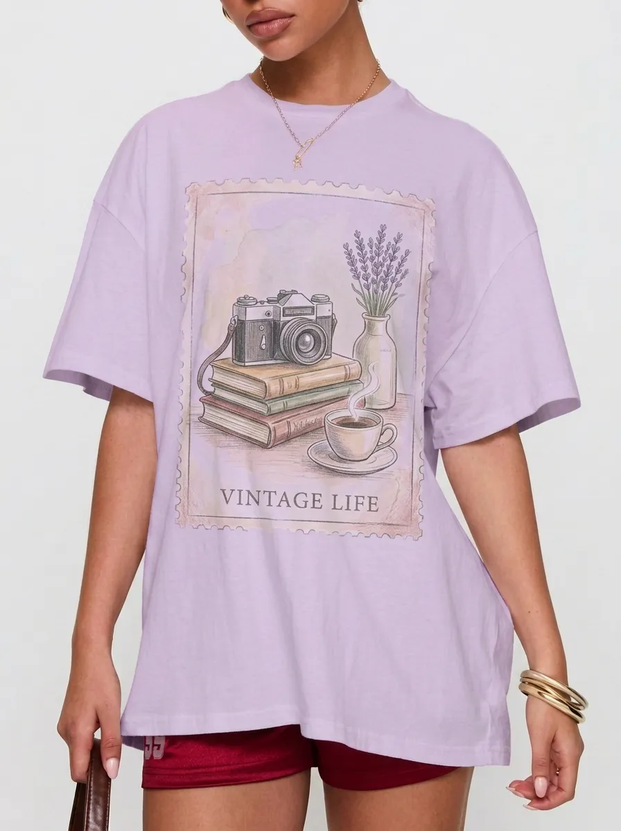 Women's Vintage Life Camera Books Coffee Printed T-shirt
