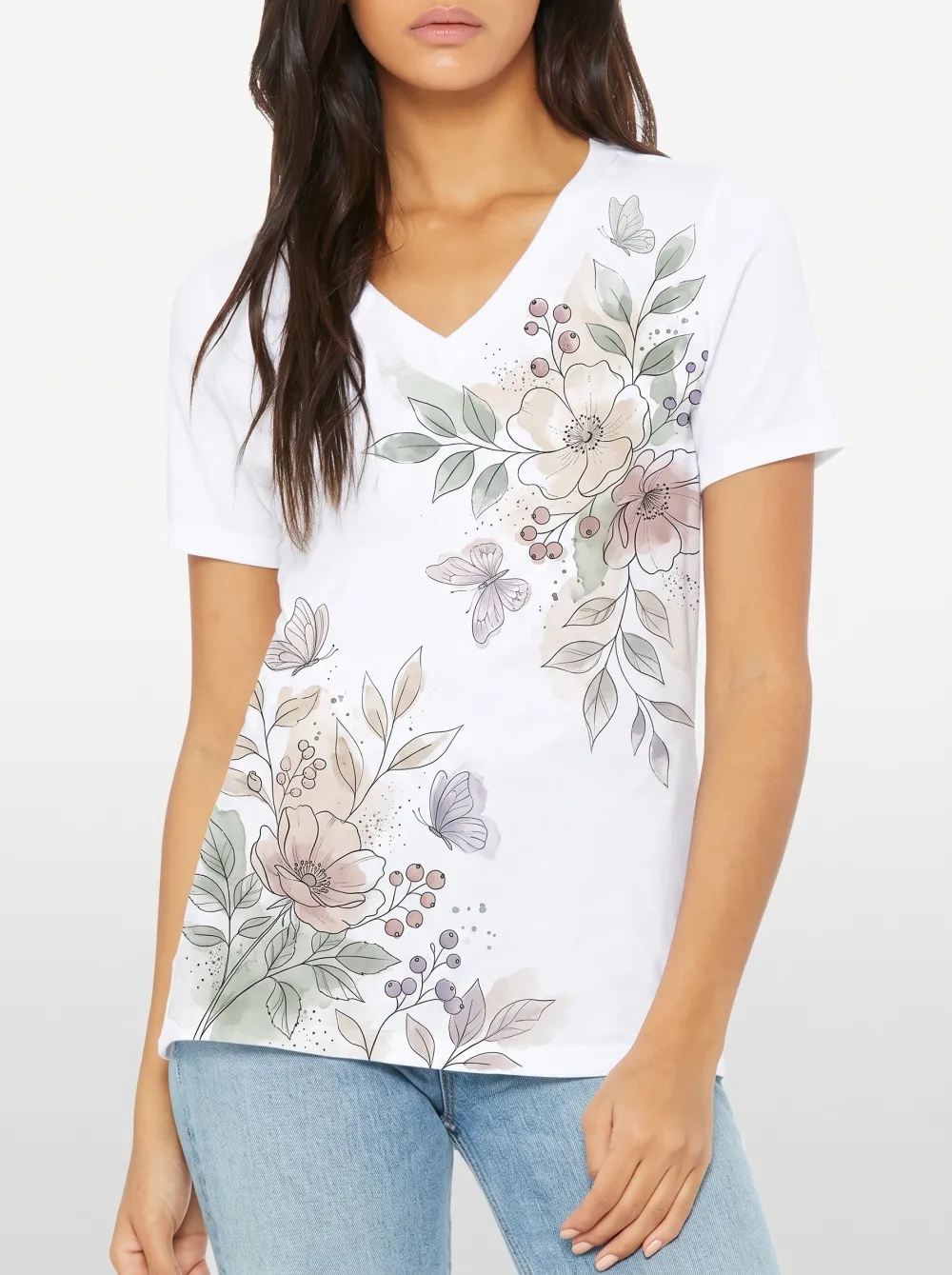 Women's Floral Butterfly Nature Lover Watercolor Printed V-neck T-shirt