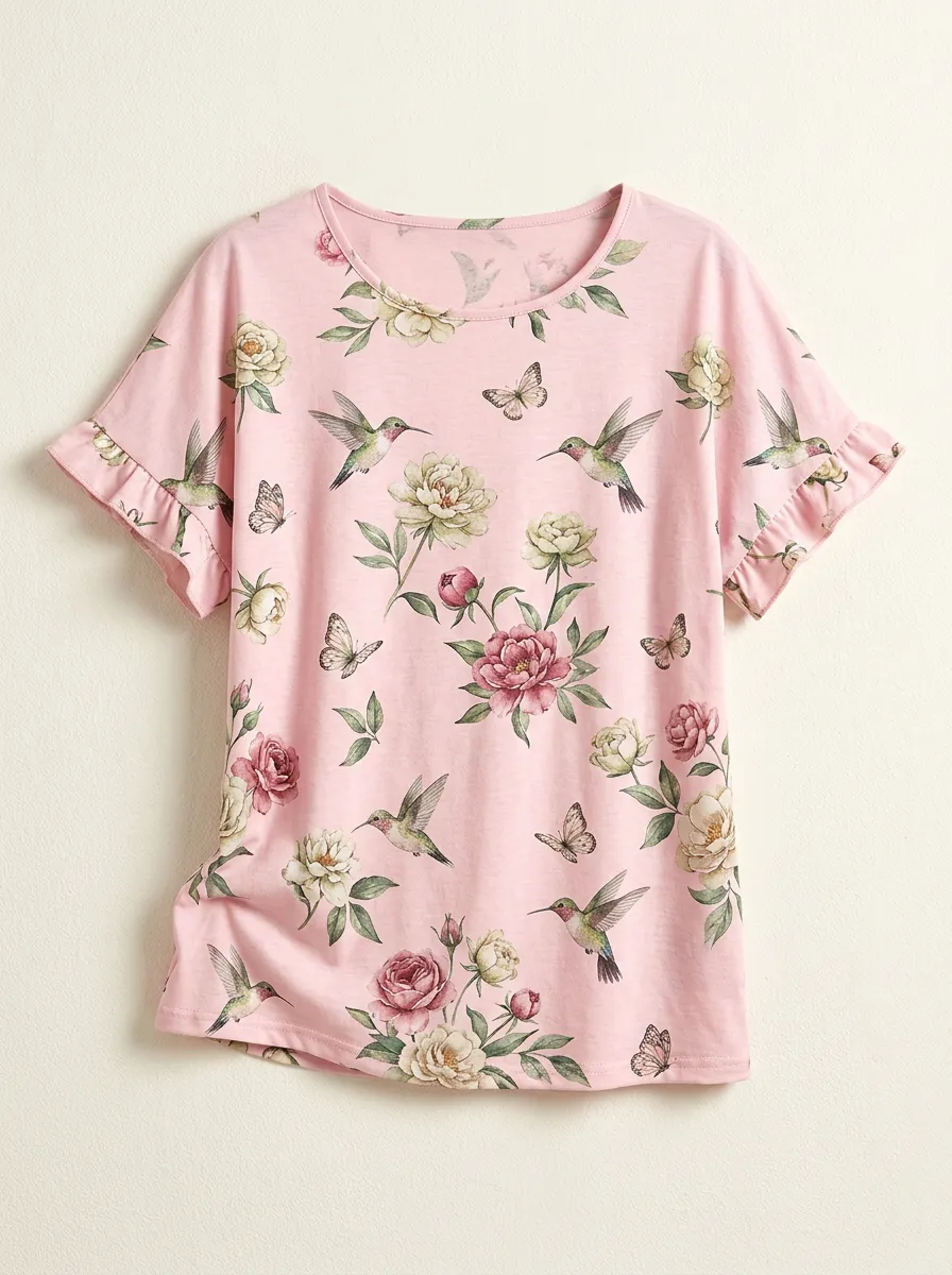 Hummingbird Butterfly Floral Women's Loose Printed T-Shirt