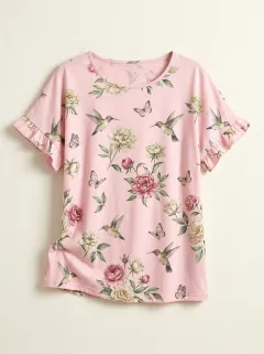 Hummingbird Butterfly Floral Women's Loose Printed T-Shirt