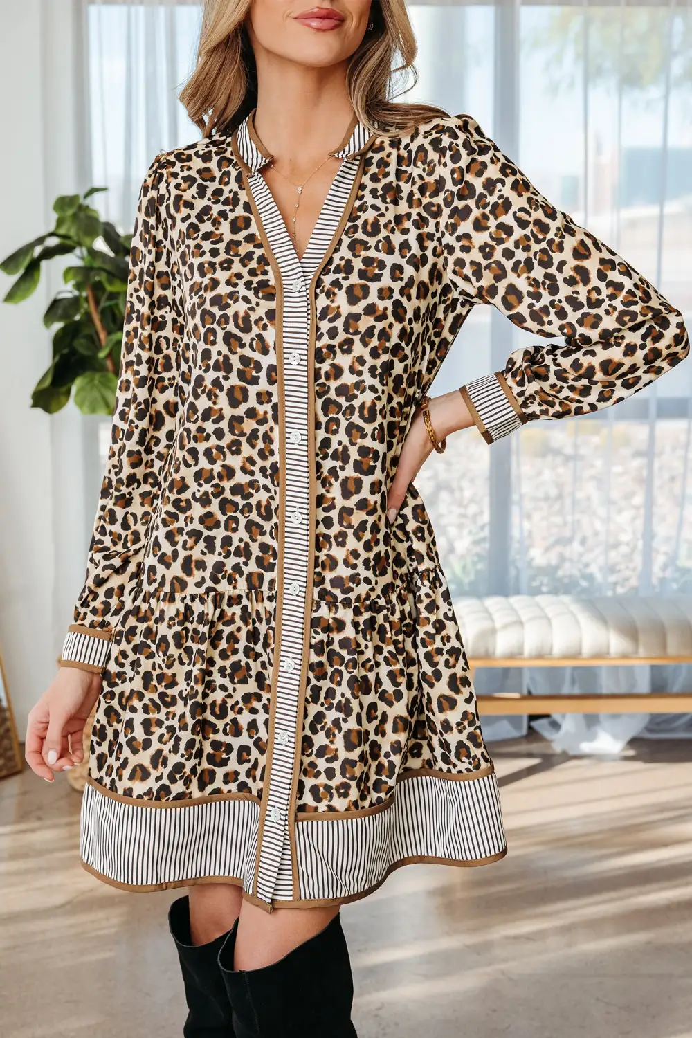 Finish Striped Animal Print Mini Dress