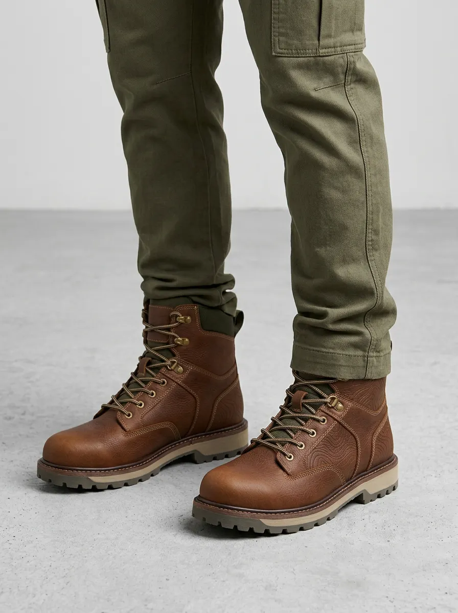 Unisex Contemporary Outdoor Enthusiast Topographic Pattern Print Work Boots
