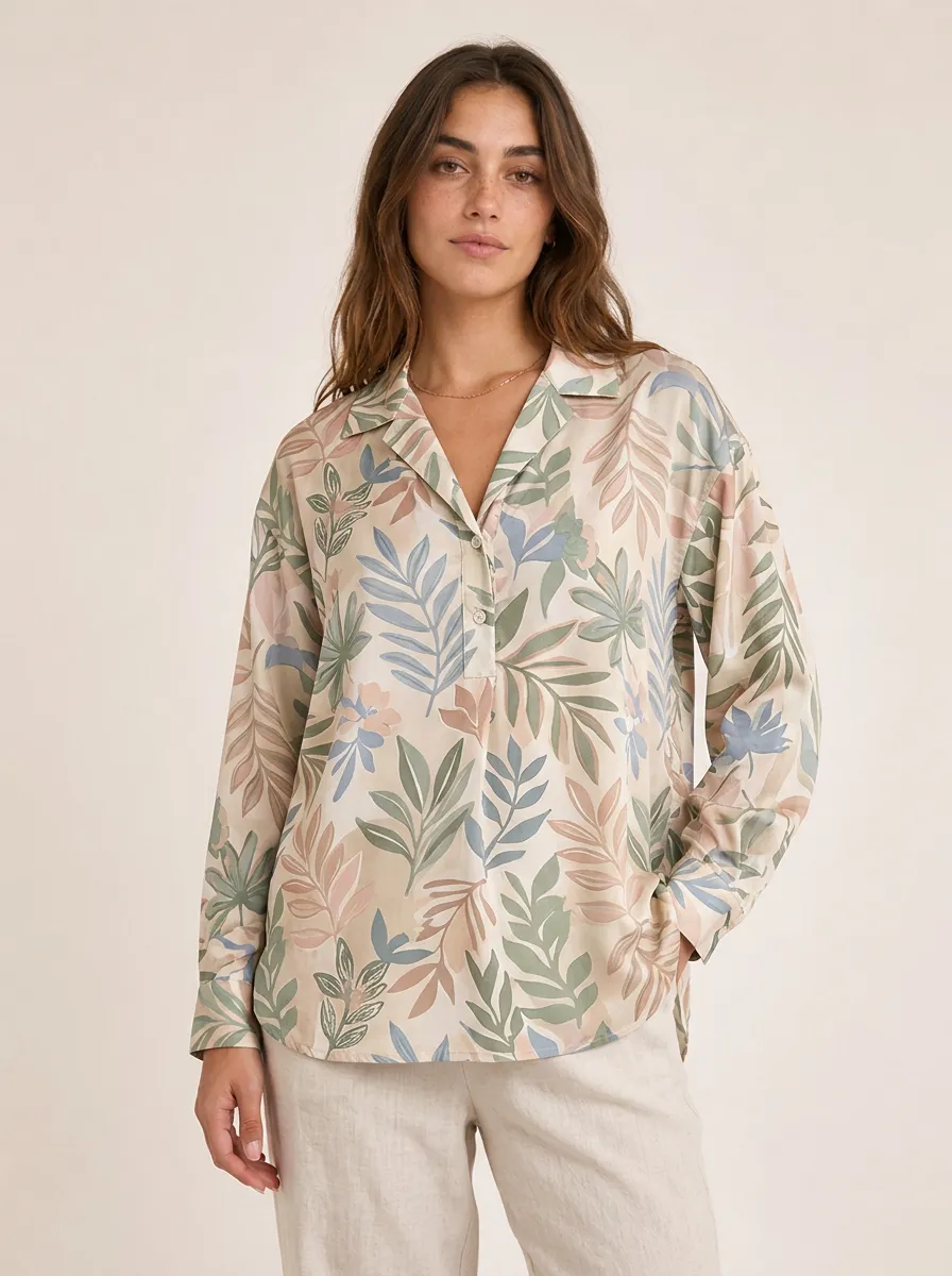 Women's Botanical Floral Leaf Pattern Printed Long Sleeve Shirt