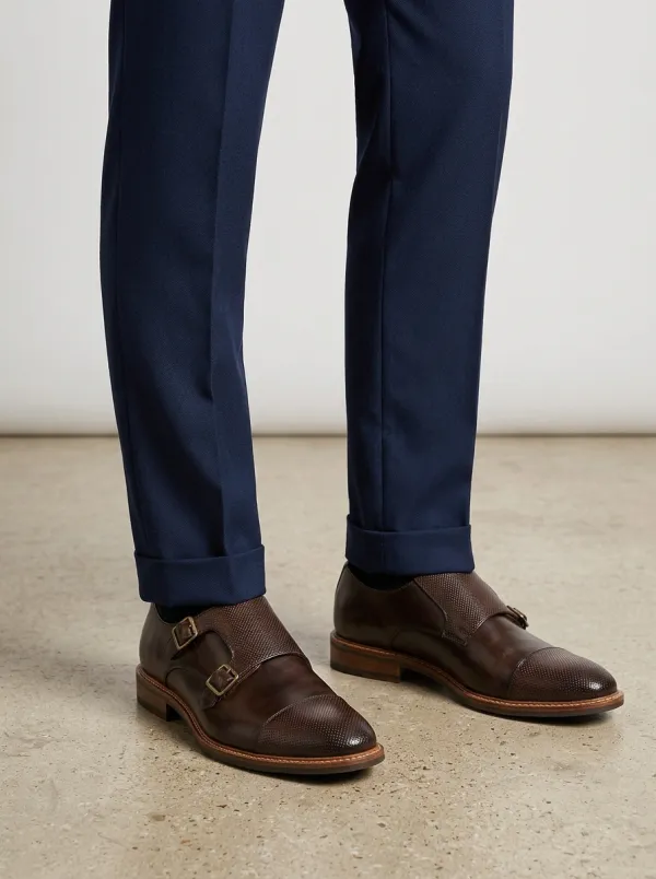 Men's Business Casual Leather Perforated Double Monk Strap Shoes