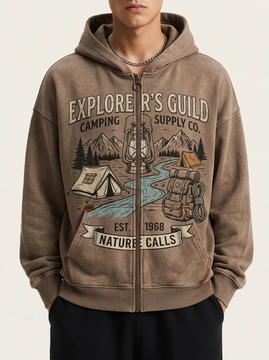 Men's Camping Explorer Mountain Lantern Printed Zip-up Hoodie