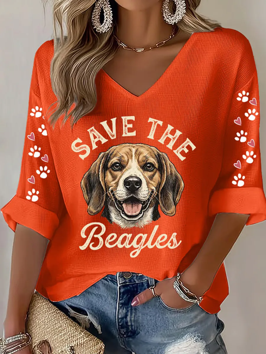 Women's Save The Beagles Print V Neck Top