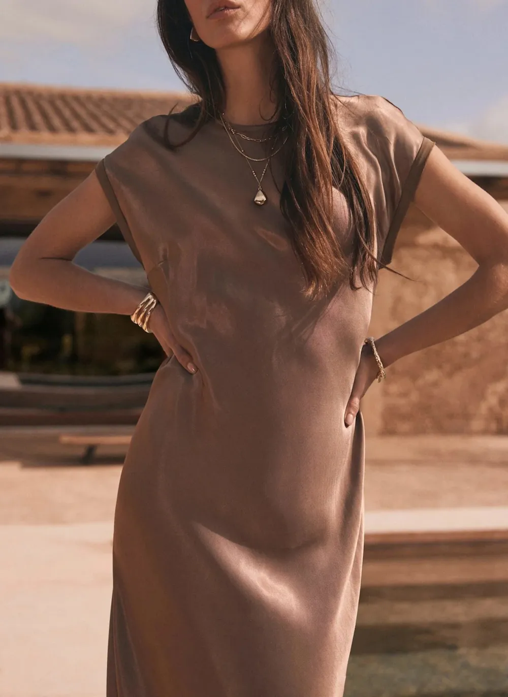 Casual Style Crew Neck Satin Midi Dress