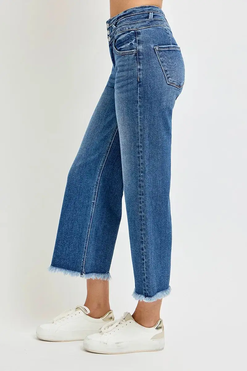 High Rise Crop Wide Leg Jeans With Wide Band Detail