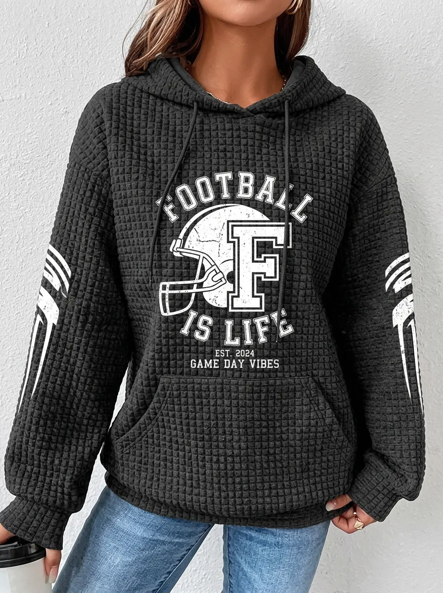 Women's Football Lover Helmet Letter Graphic Waffle Knit Hoodie