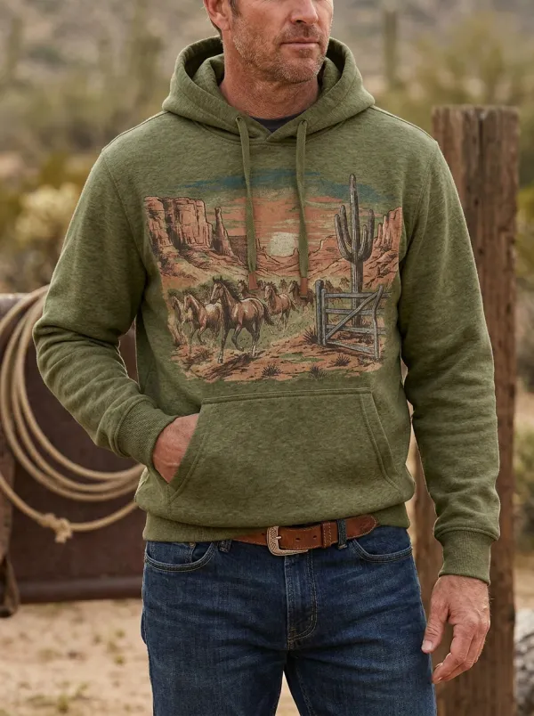 Men's Classic Western Cowboy Horse Cactus Desert Graphic Hoodie