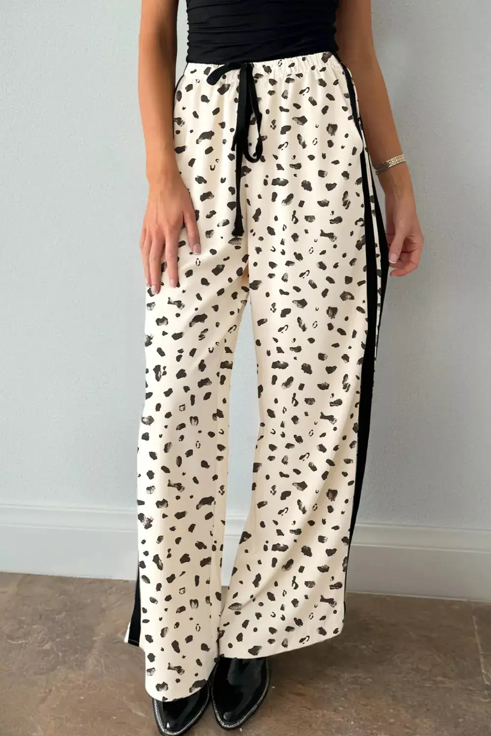 Sequin Leopard Print Drawstring Side Stripe Pants