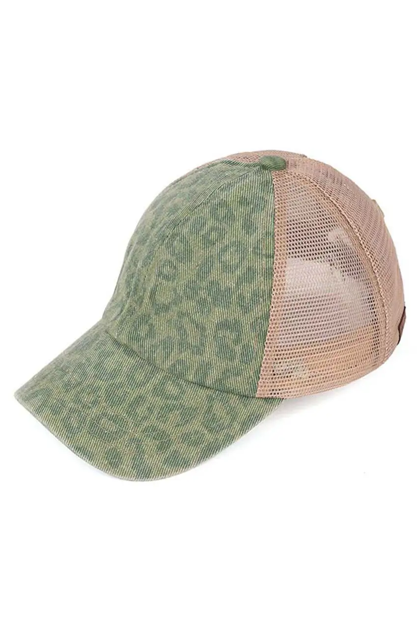 Leopard Pattern Criss Cross Ponytail Baseball Cap