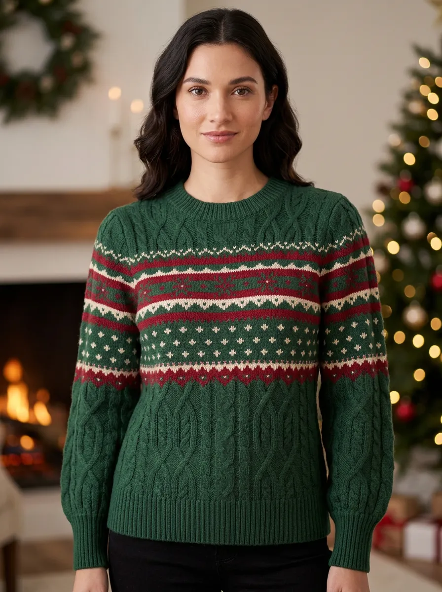 Christmas Holiday Fair Isle Cable Knit Sweater