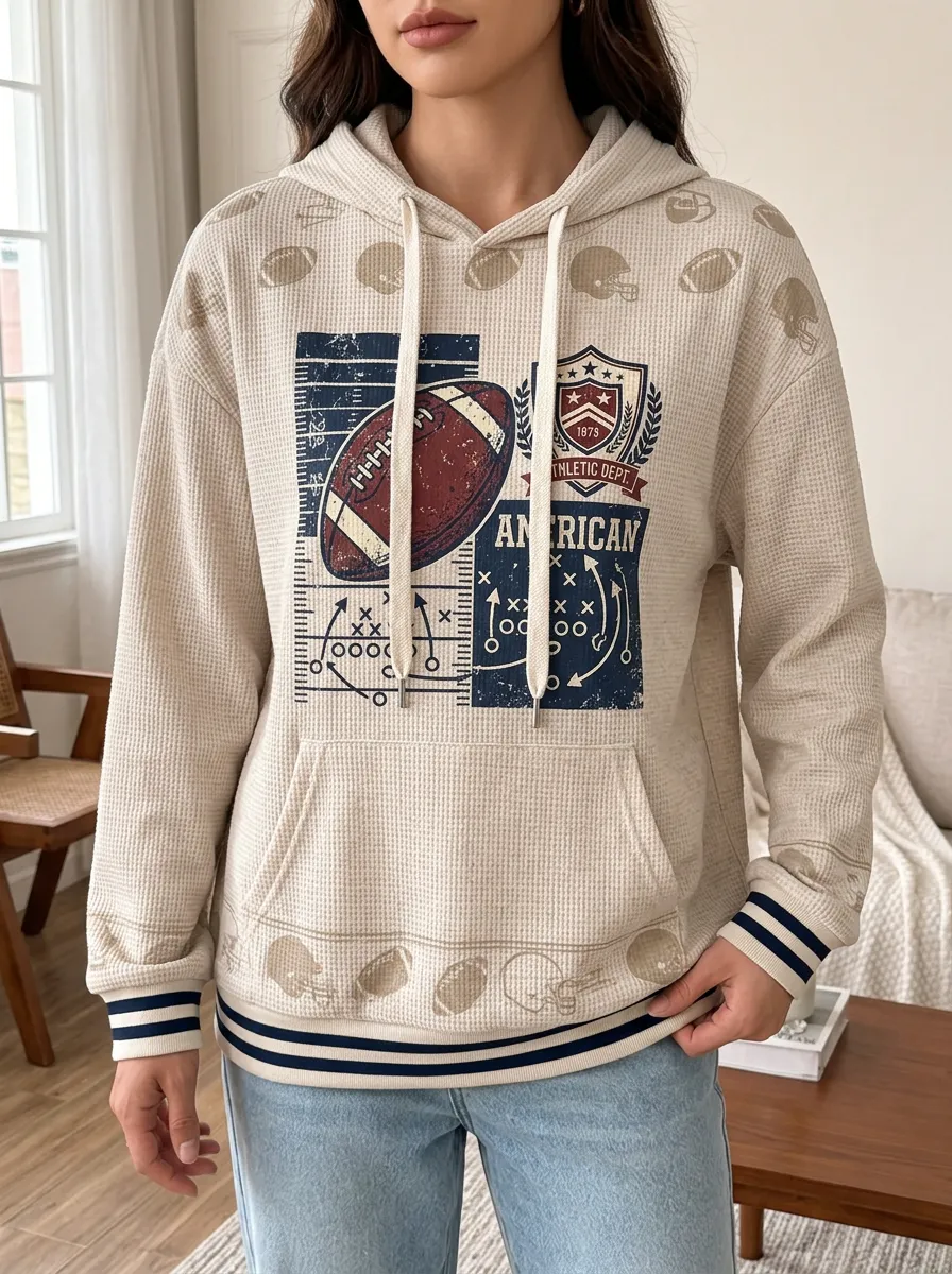 Women's American Football Fan Graphic Printed Waffle Knit Hoodie