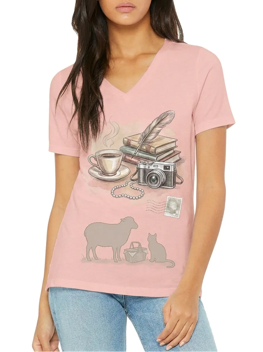 Women's Vintage Hobby Lover Books Camera Sheep Cat Printed V-neck T-shirt