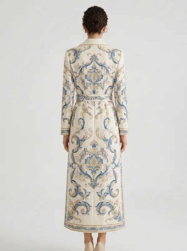Women's Baroque Floral Pattern Printed Trench Coat