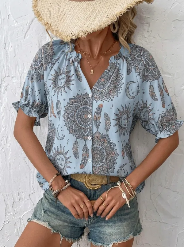 Women's Boho Sun Moon Mandala Feather Printed Blouse