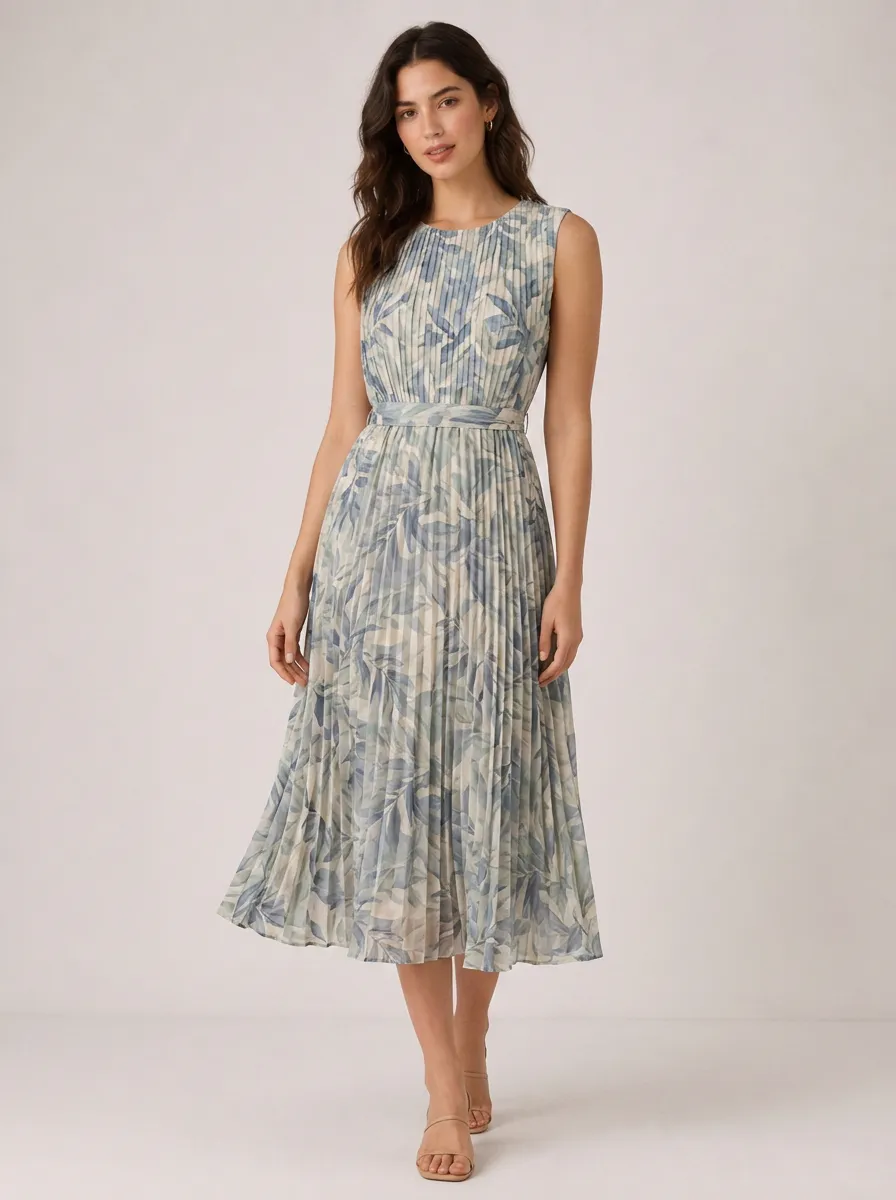 Women's Botanical Leaf Pattern Pleated Printed Midi Dress
