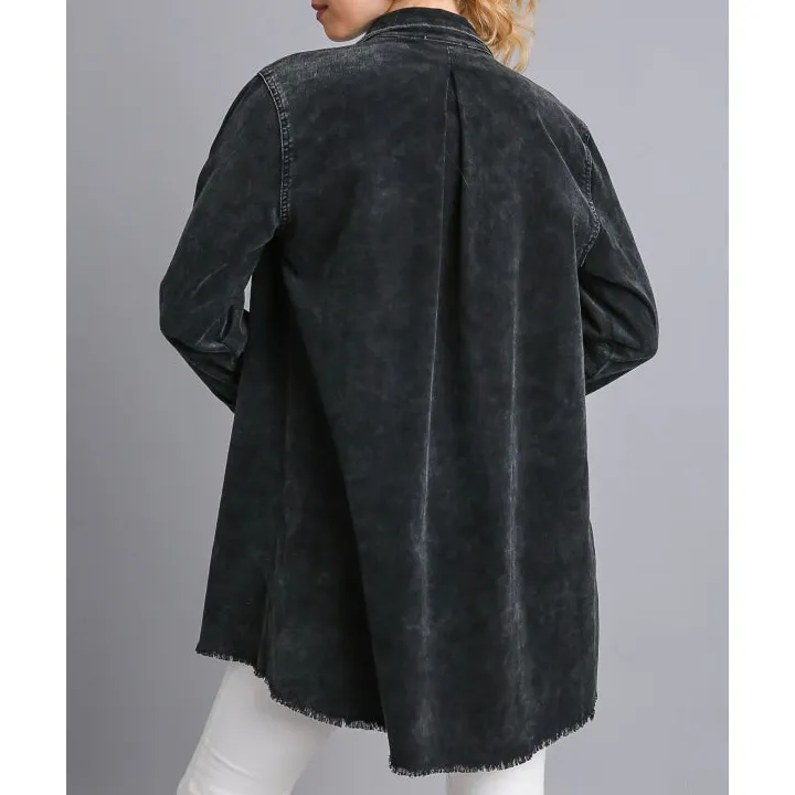 Raw Hem Button Down Denim Jacket with Chest Pockets
