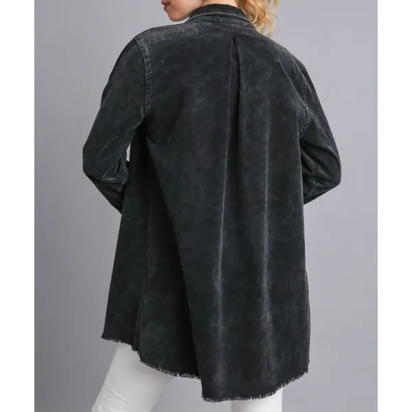 Raw Hem Button Down Denim Jacket with Chest Pockets