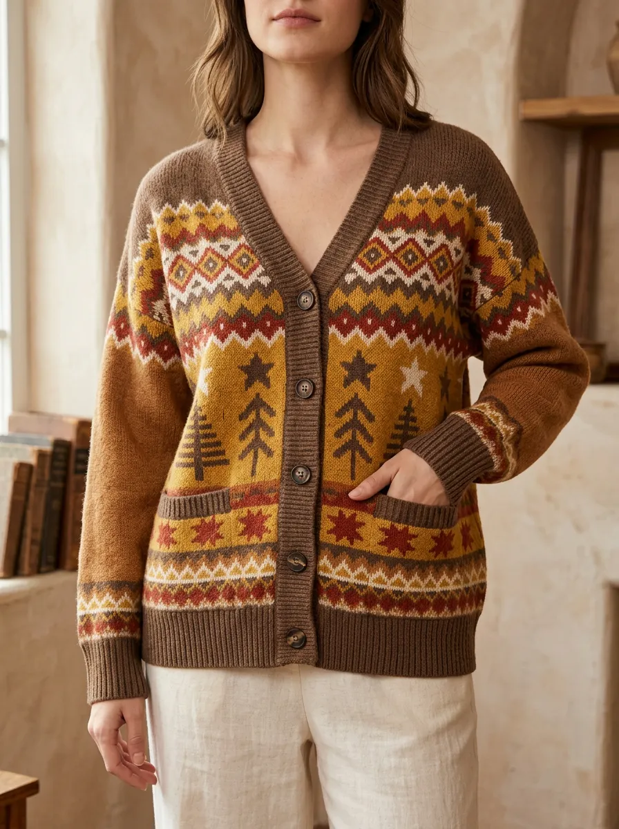 Women's Winter Forest Star Fair Isle Pattern Printed Cardigan