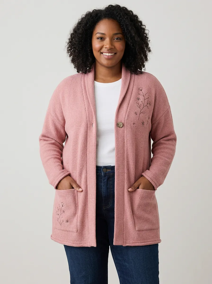 Pink Everyday Floral Line Art Print Cardigan