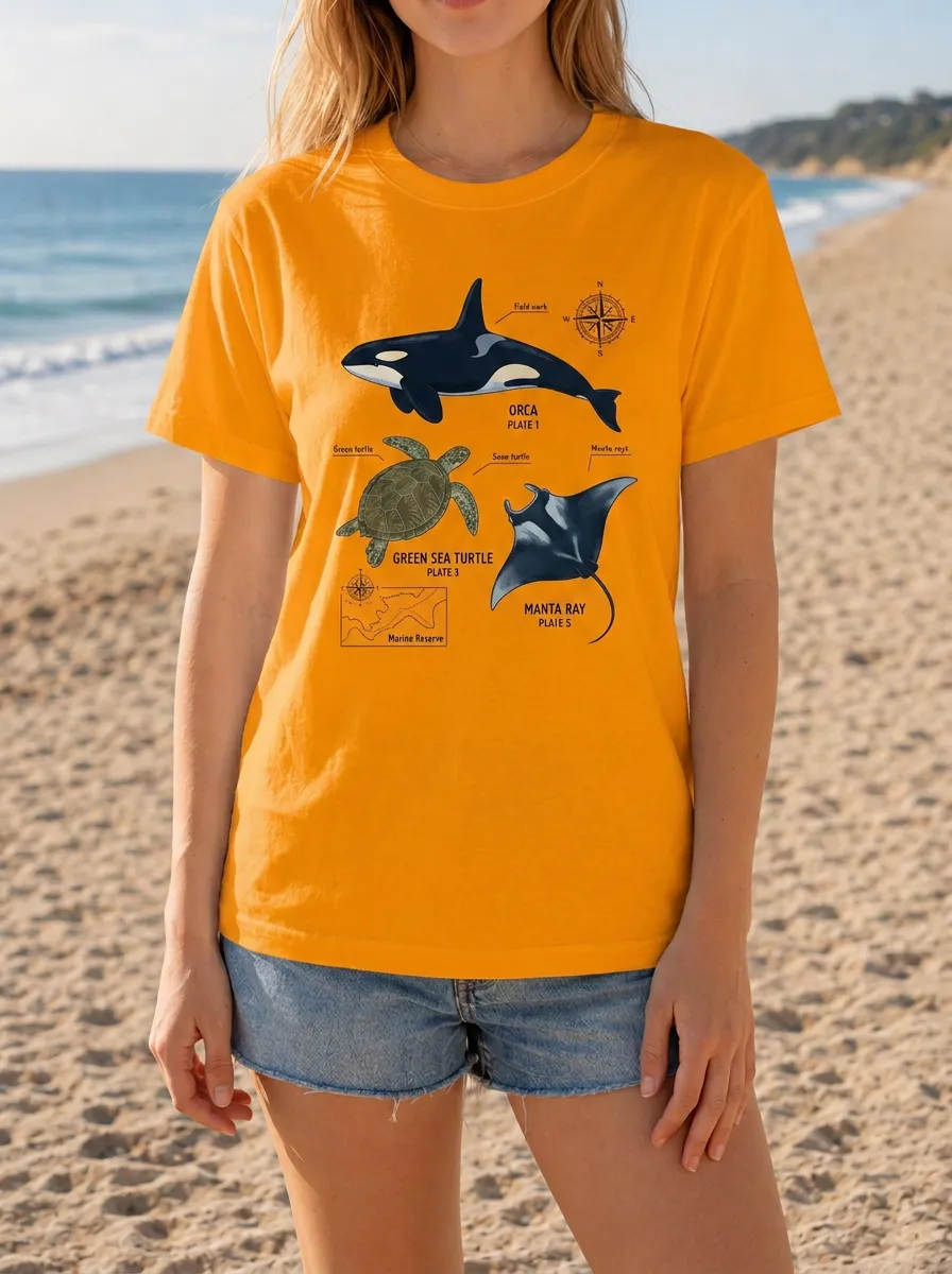 Women's Marine Life Lover Orca Turtle Manta Ray Printed T-shirt