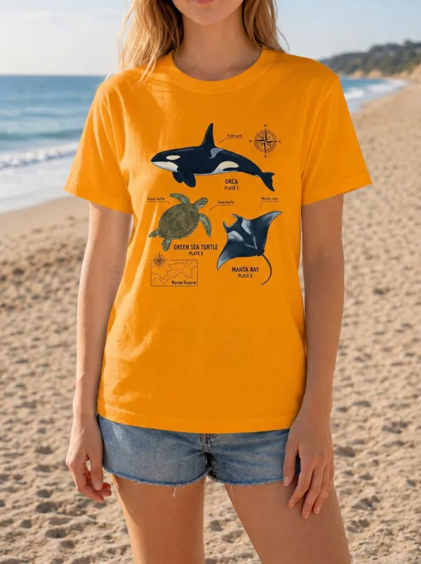 Women's Marine Life Lover Orca Turtle Manta Ray Printed T-shirt