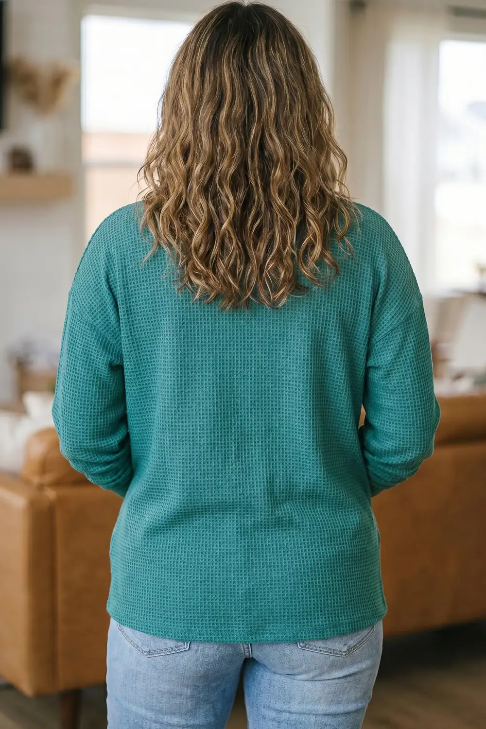Button-Front V-Neck Long-Sleeve Waffle-Textured Cardigan