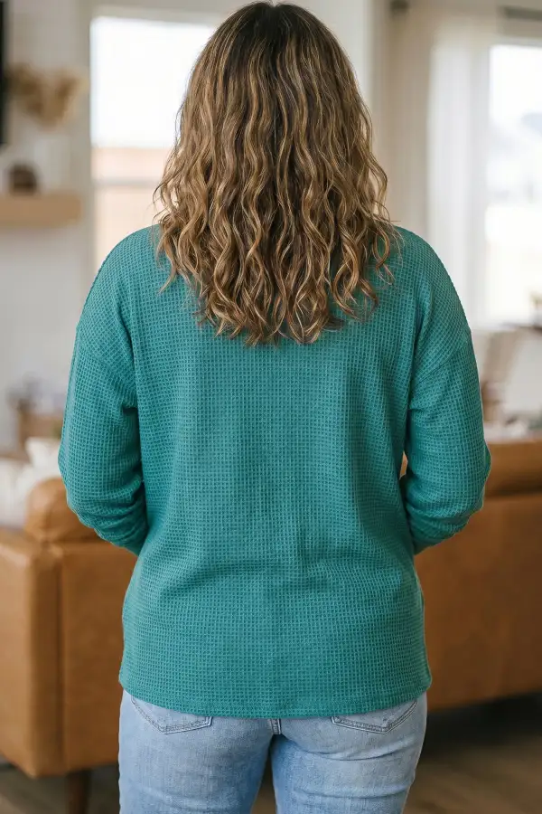Button-Front V-Neck Long-Sleeve Waffle-Textured Cardigan