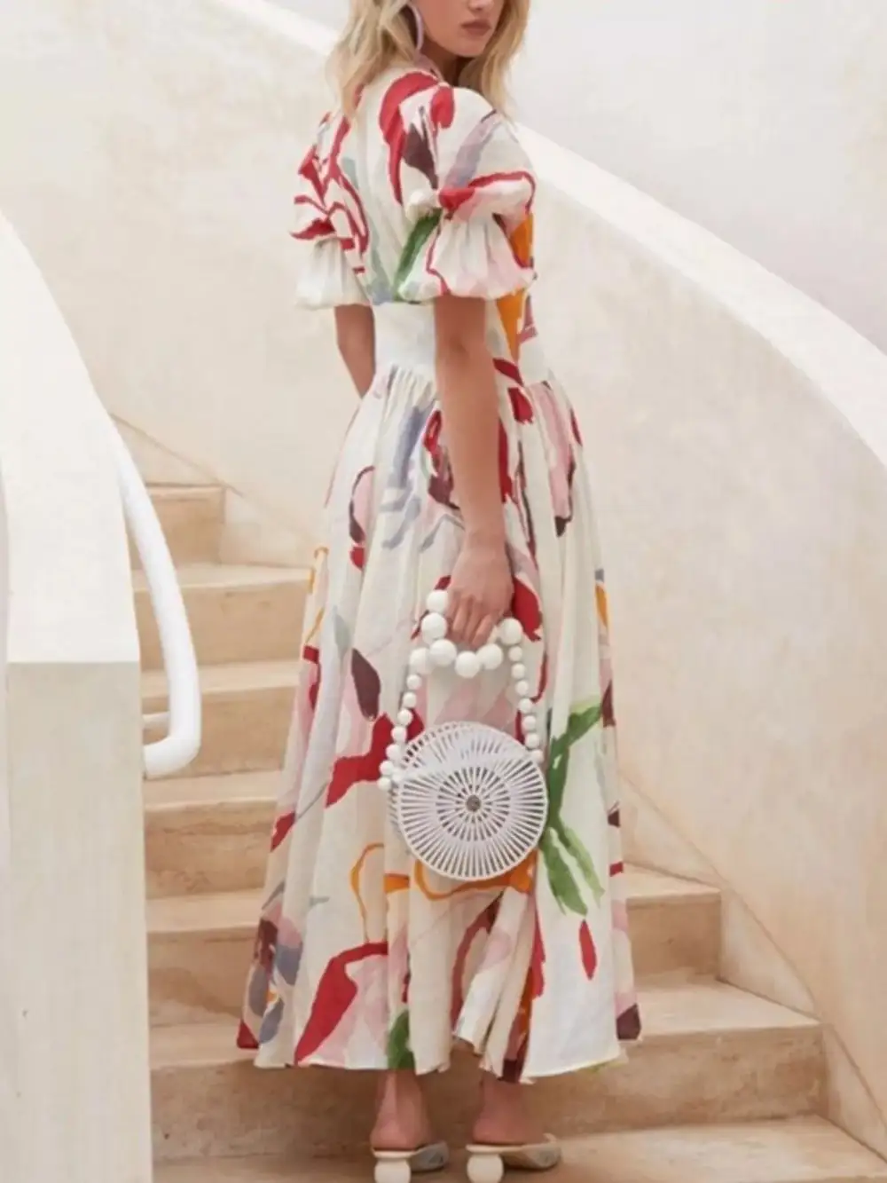 Full Size Abstract Puff Sleeve Midi Dress Plus Size
