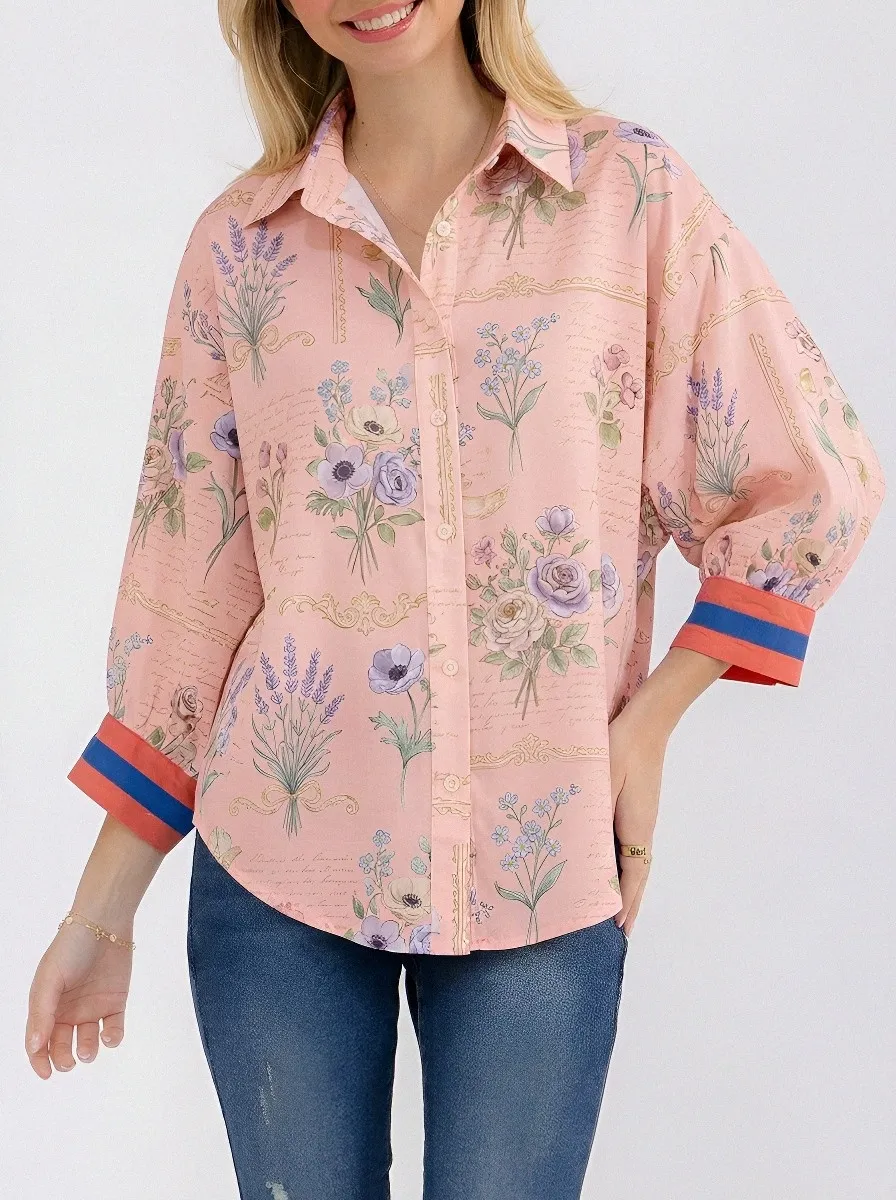Women's Floral Botanical Script Printed Button Down Shirt